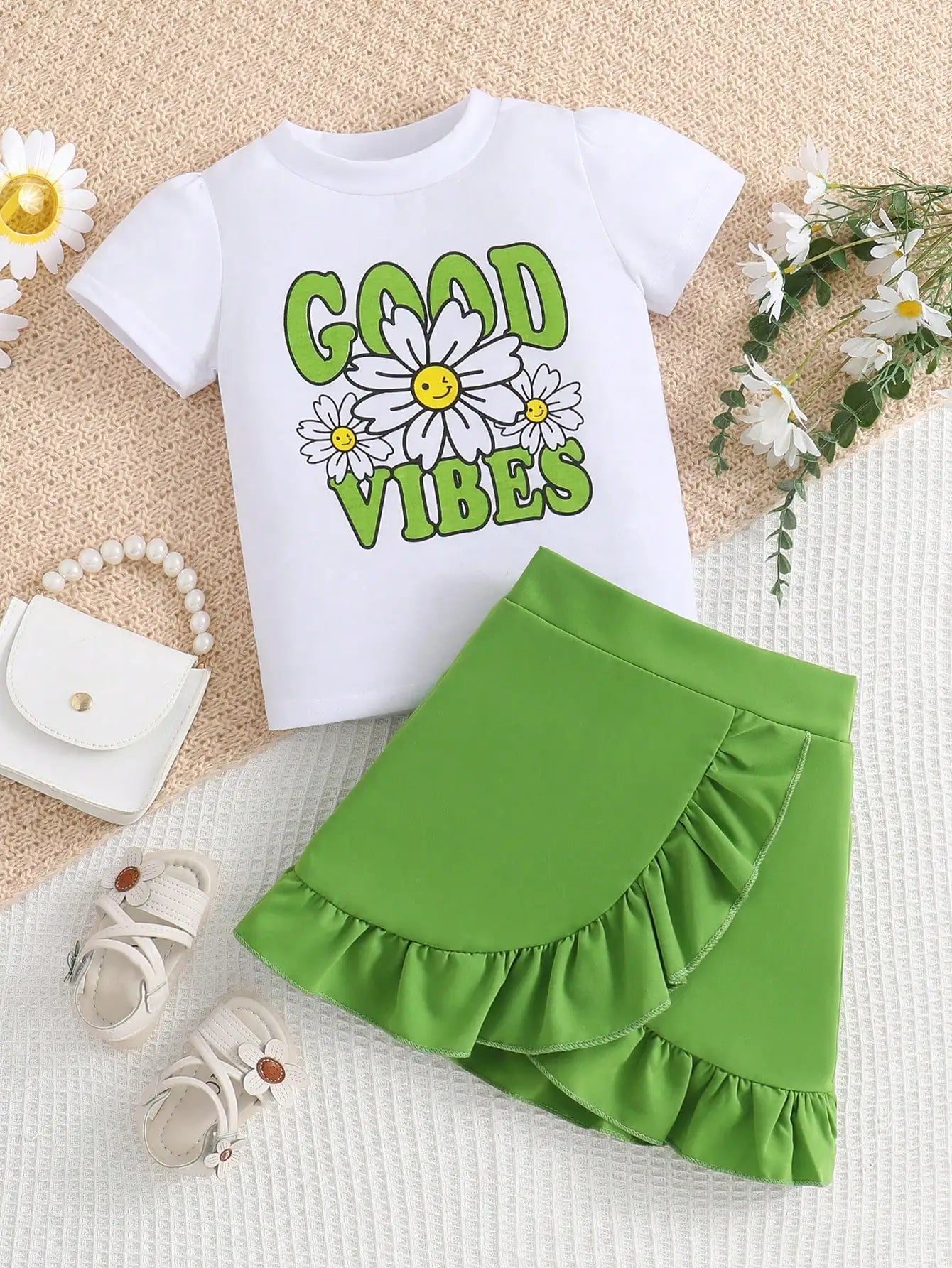 2-piece girls spring/summer fashion cute outdoor casual clothing white knit round neck Daisy print T-shirt + green pleated skirt Majesty Me