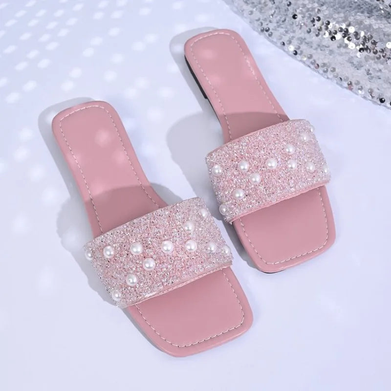 Women Slippers Elegant Crystal Pearl Flat Sandals Summer Square Toe Slippers Non-Slip Outdoor Shoes Woman Plus Size Slides Women Majesty Me
