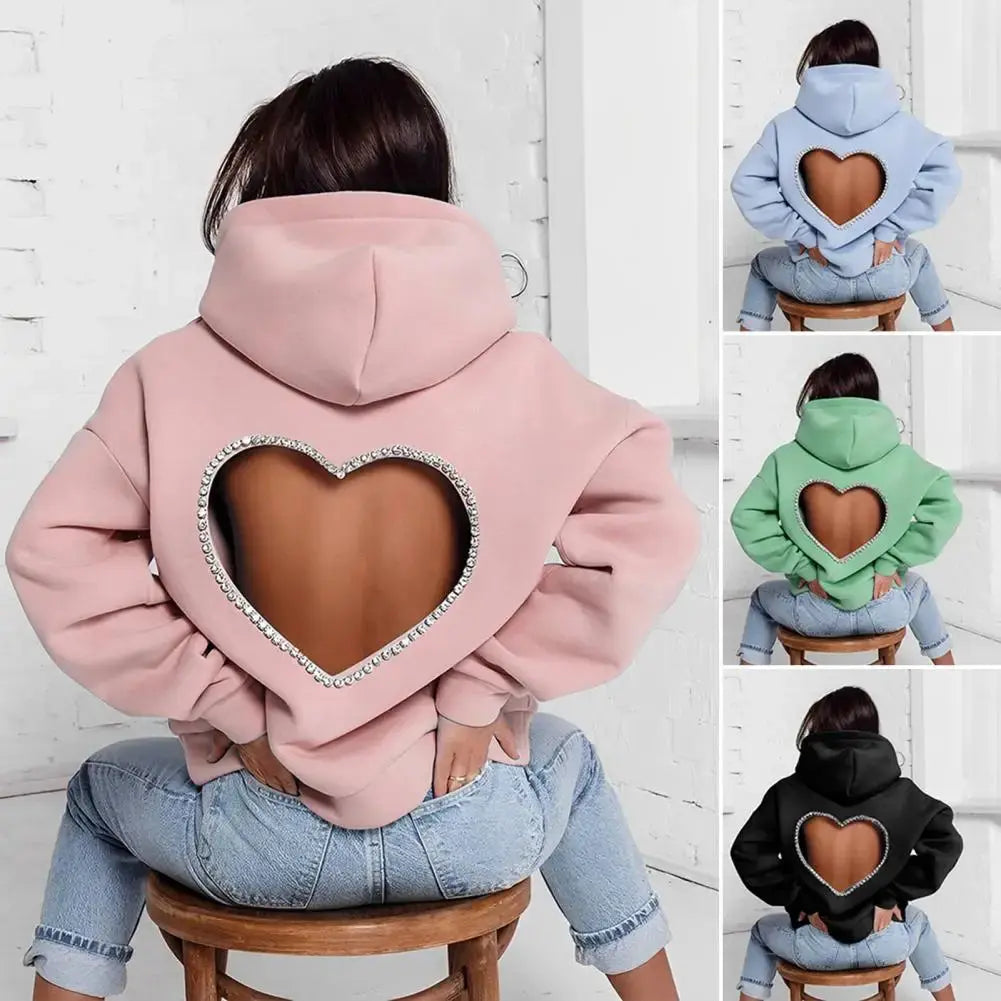 Heart Cutout Rhinestone Women's Hoodie Majesty Me Streetwear™