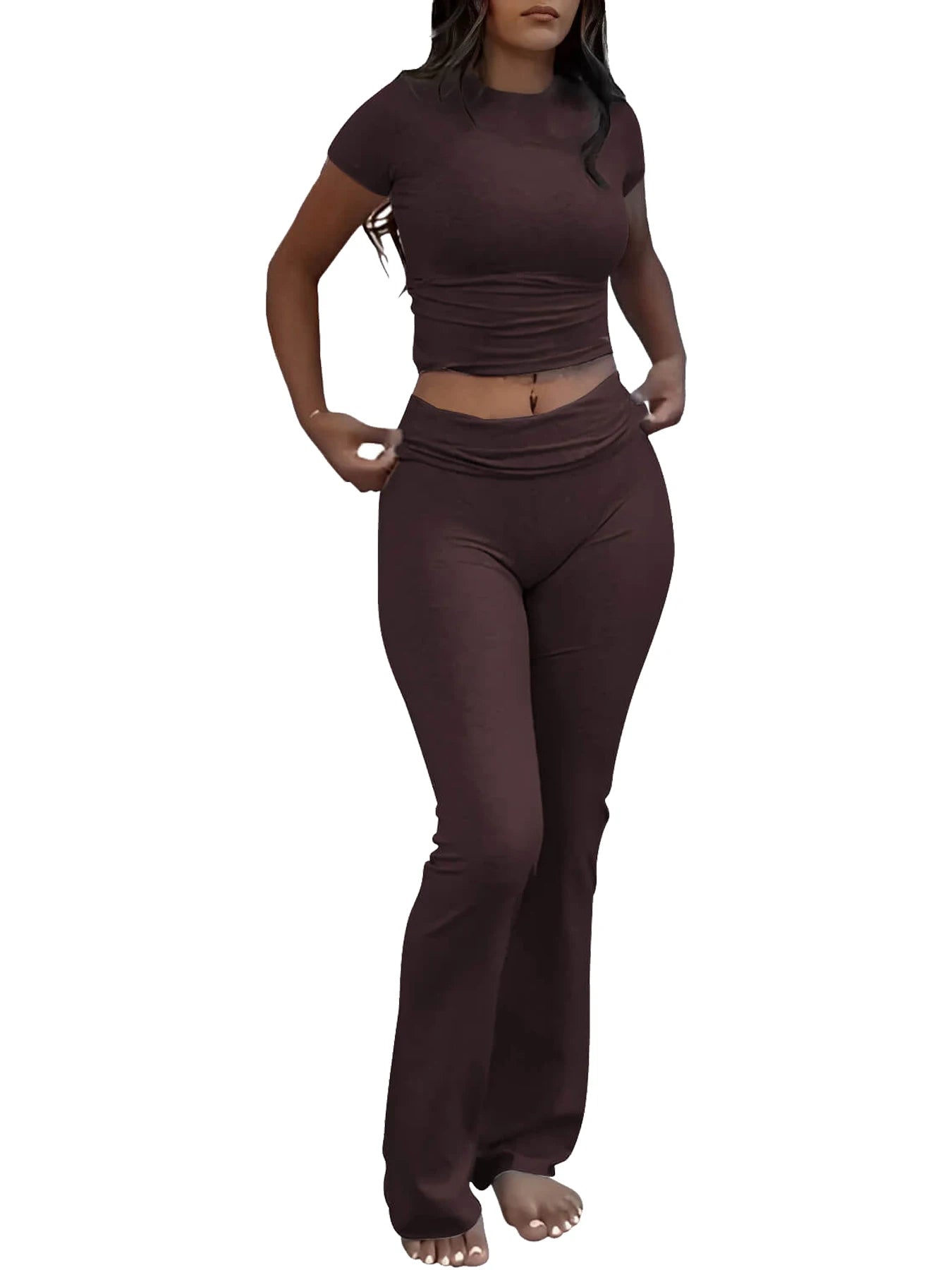 Casual Workout Two Piece Outfits for Women Short Sleeve Crop High Waist Foldover Flare Pants Tracksuit Sets Streetwear Majesty Me