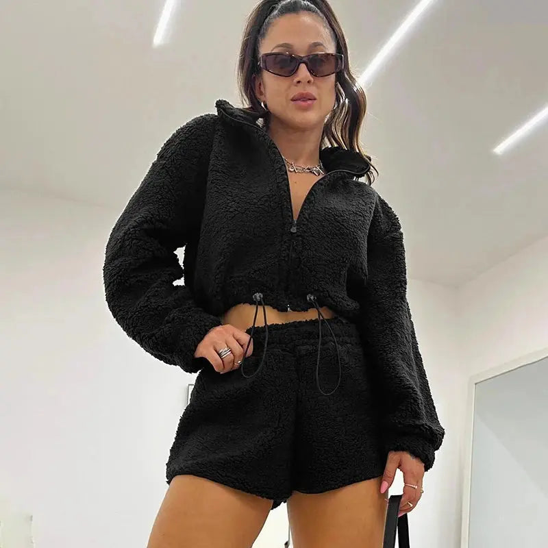 “Cozy Royalty” Velvet Lounge Set – Teddy Crop Top + High-Waist Shorts Two-Piece Majesty Me Streetwear™