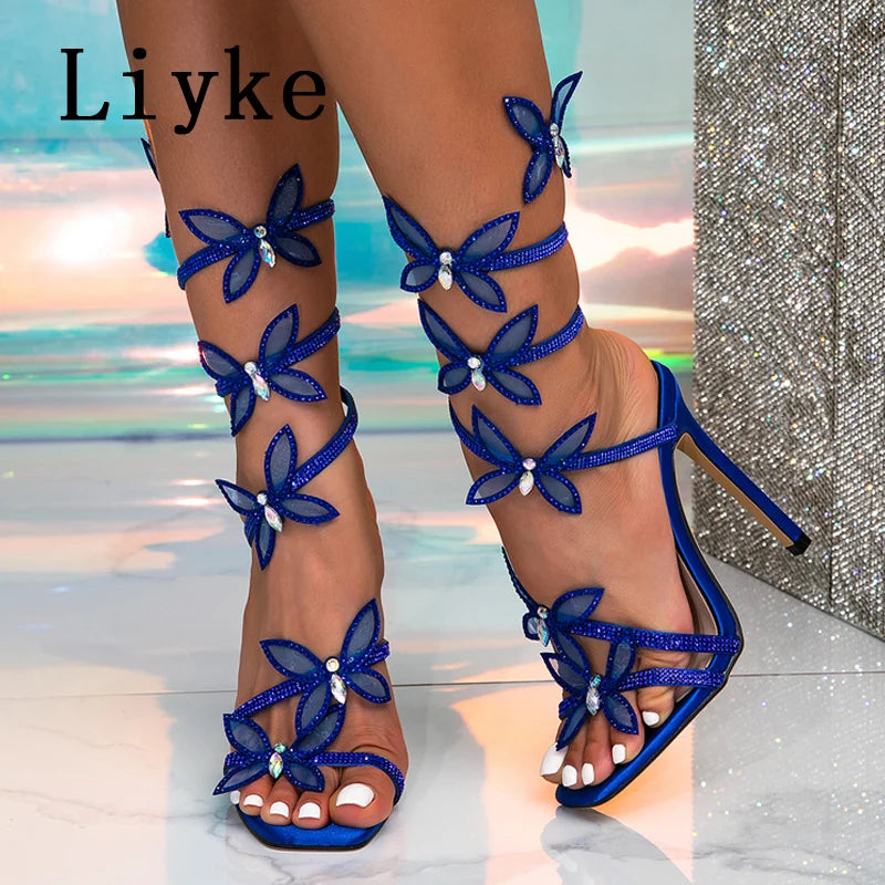 Liyke Fashion Glitter Rhinestones Women Sandals Crystal Butterfly Square Toe Wedding Party Stripper Shoes High Heels Black Blue Majesty Me