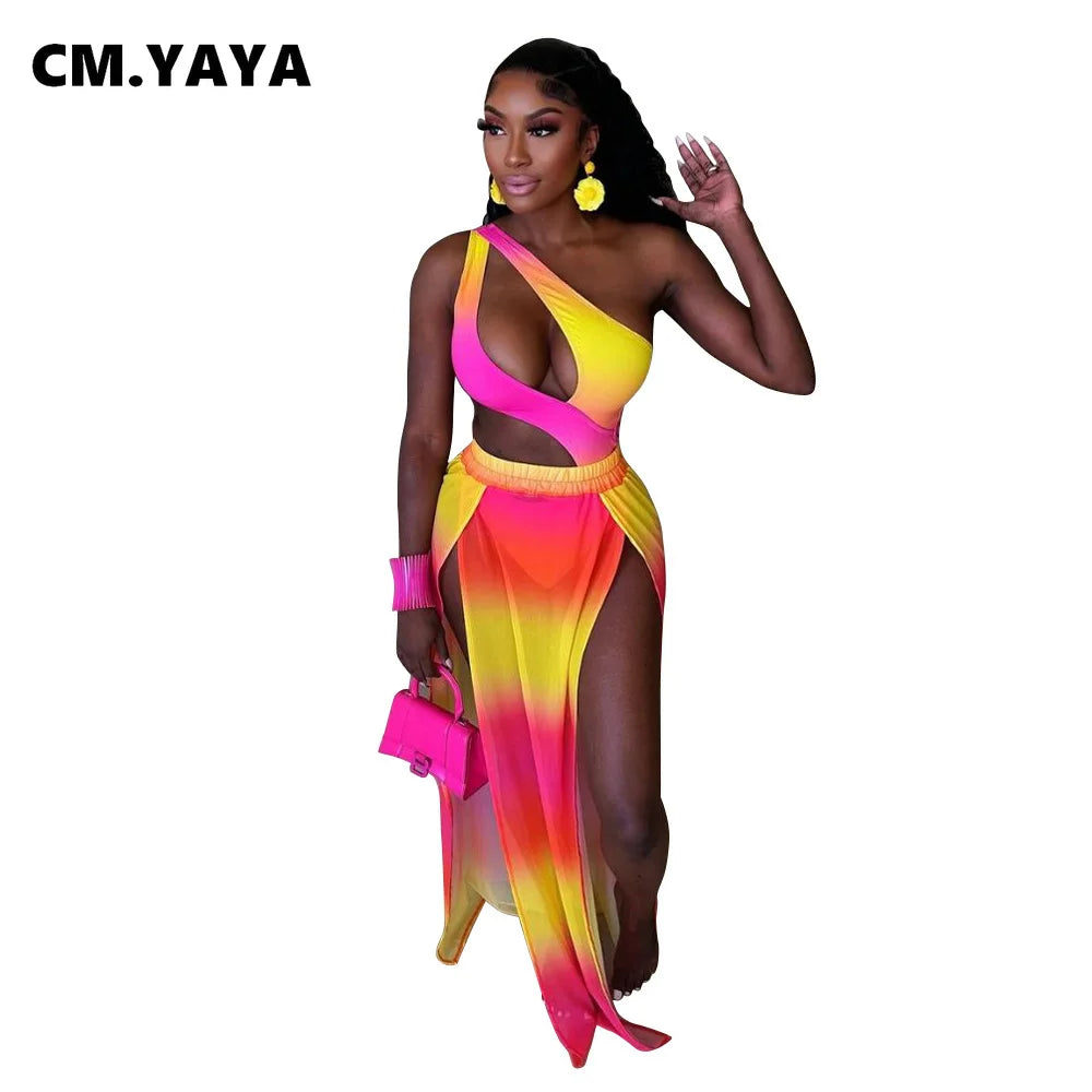 CM.YAYA Women Gradient Maxi Long Skirt Suit and Skew Collar Bodysuit Matching Two 2 Piece Set Outfit 2024 Summer Bikinis Set Majesty Me