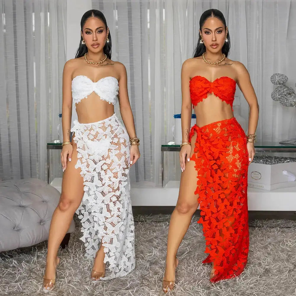 Summer Lace Three-Piece Set – Women’s Bikini Top, Sheer Skirt & Cover-Up | Elegant Neutral Beach Outfit Majesty Me Streetwear™