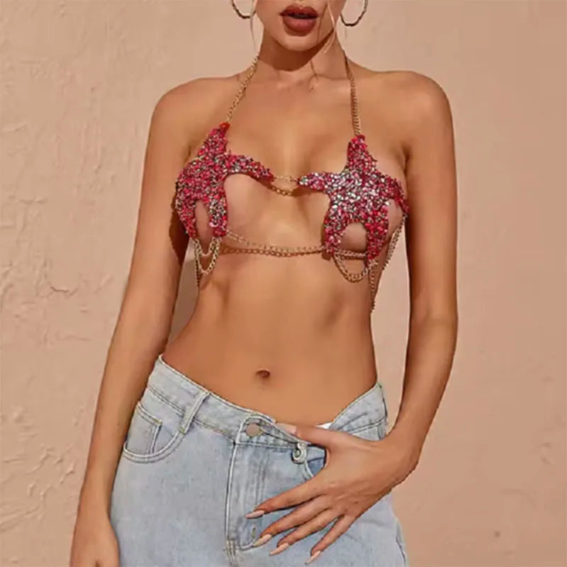 Handmade crystal bra with diamond star pattern stitching gold chain wrapped chest hollow sexy woman island honeymoon resort Majesty Me