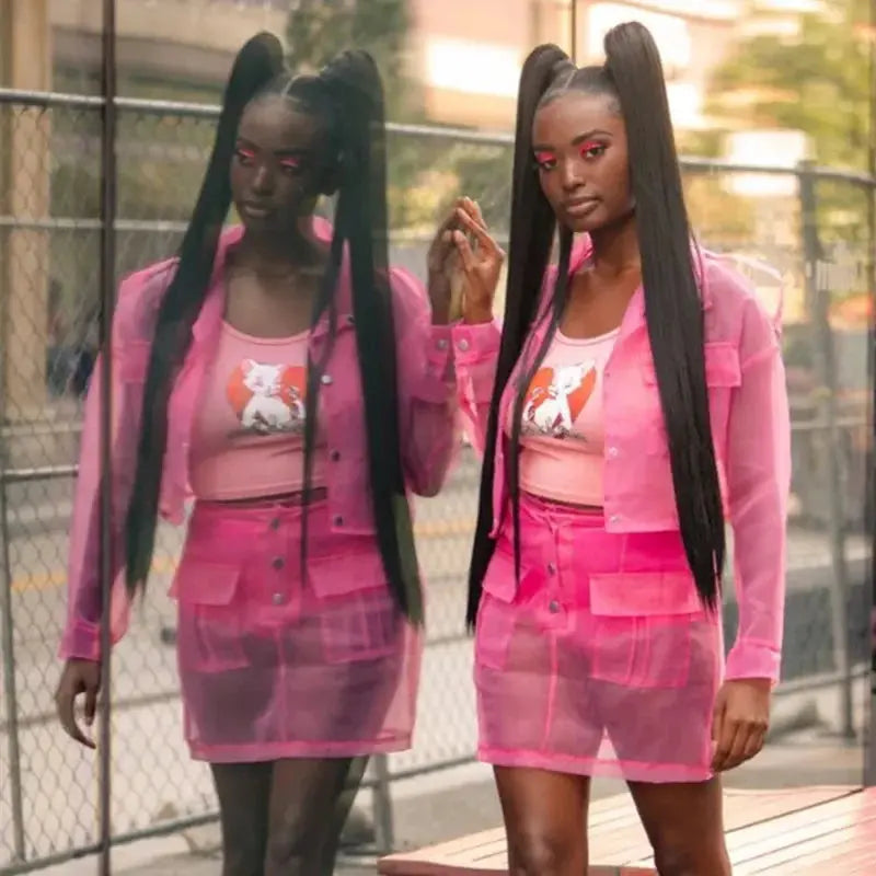 Pink Organza Mesh Two-Piece Set – Women’s Sheer Jacket & Mini Skirt | Sexy Clubwear Matching Outfit Majesty Me Streetwear™