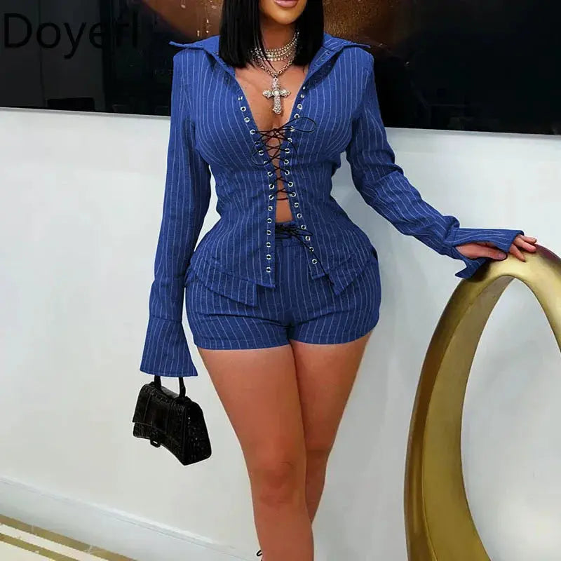 “Electric Desire” Two-Piece Set – Striped Lace-Up Bandage Top & Matching Shorts Y2K Party Outfit Majesty Me Streetwear™