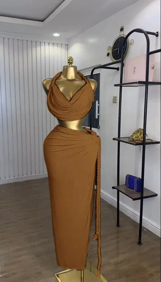 Golden Muse” Halter Neck Maxi Set – Crop Top + High-Split Skirt for Women Majesty Me Streetwear™
