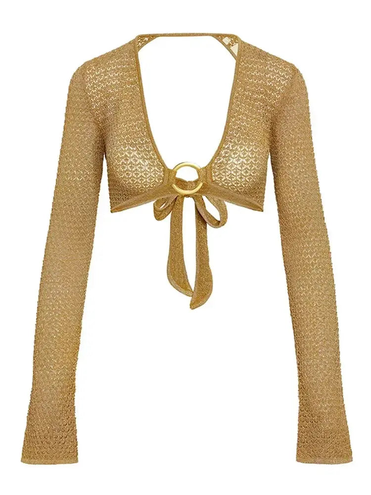 “Golden Hour Glow” Two-Piece Set – Shiny V-Neck Knit Top & Maxi Skirt Summer Outfit Majesty Me Streetwear™