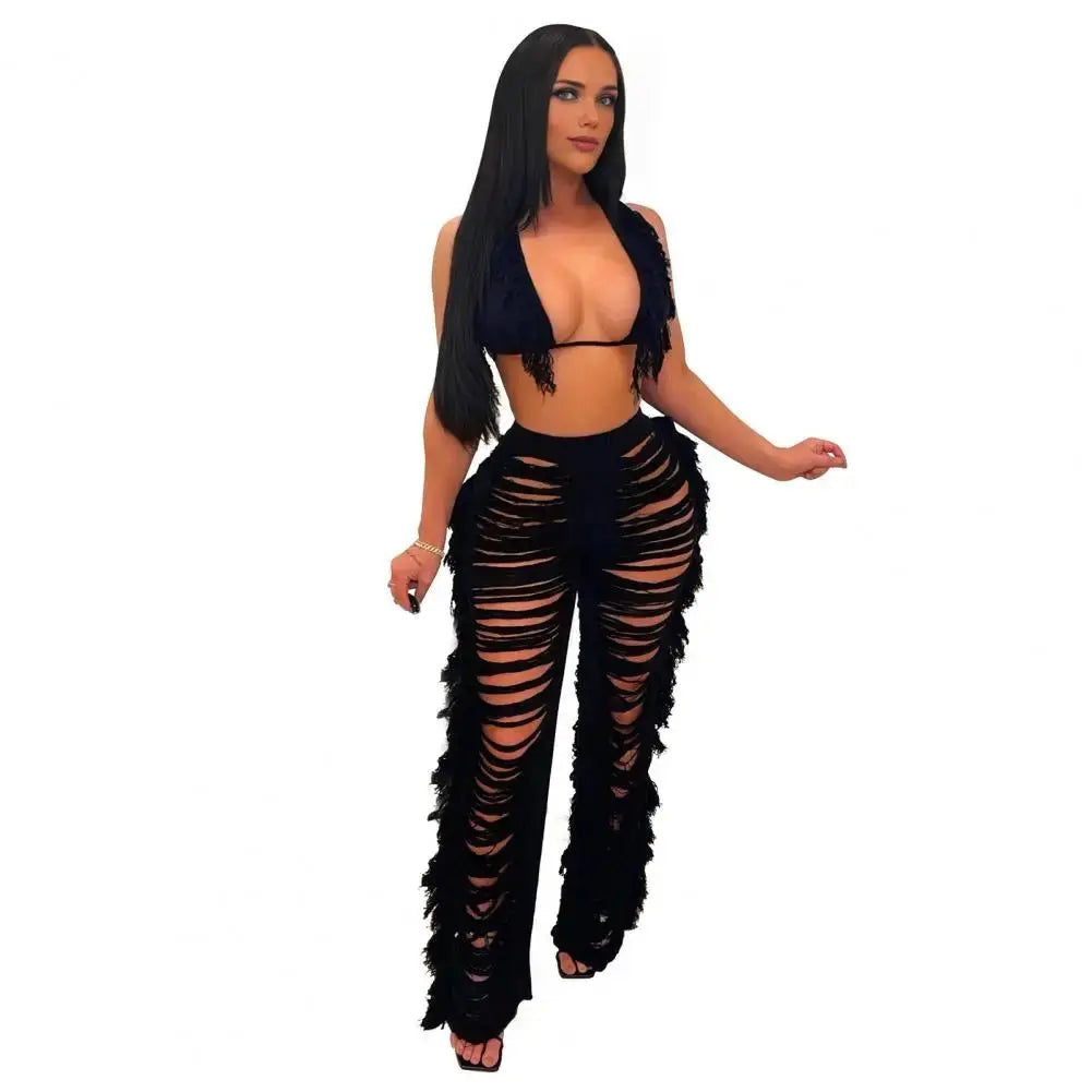 “Tropical Dream” Tassel Set – Lace-Up Halter Crop Top & High-Waist Beach Pants Majesty Me Streetwear™