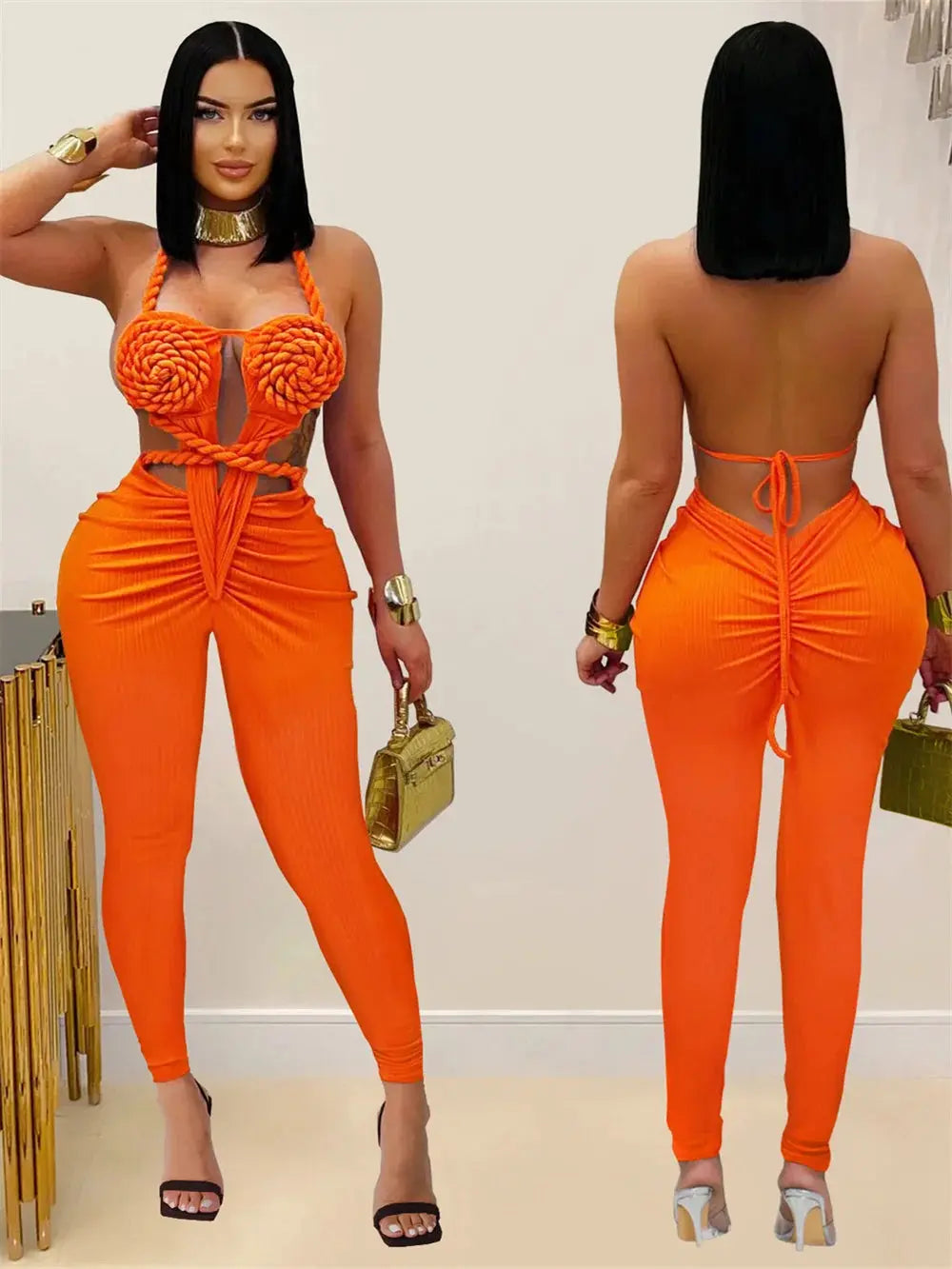 Snatched Peach Backless Jumpsuit – Ruched Halter Bodycon Majesty Me