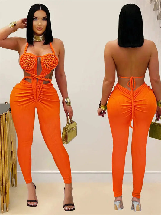 Snatched Peach Backless Jumpsuit – Ruched Halter Bodycon Majesty Me