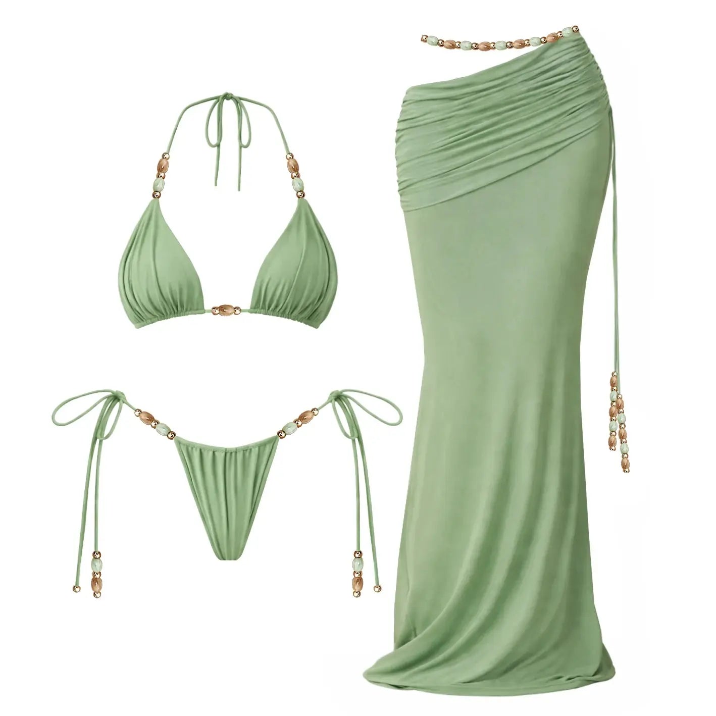 Green Beaded 3-Piece Bikini Set with Mesh Cover Up Skirt | Majesty Me Majesty Me