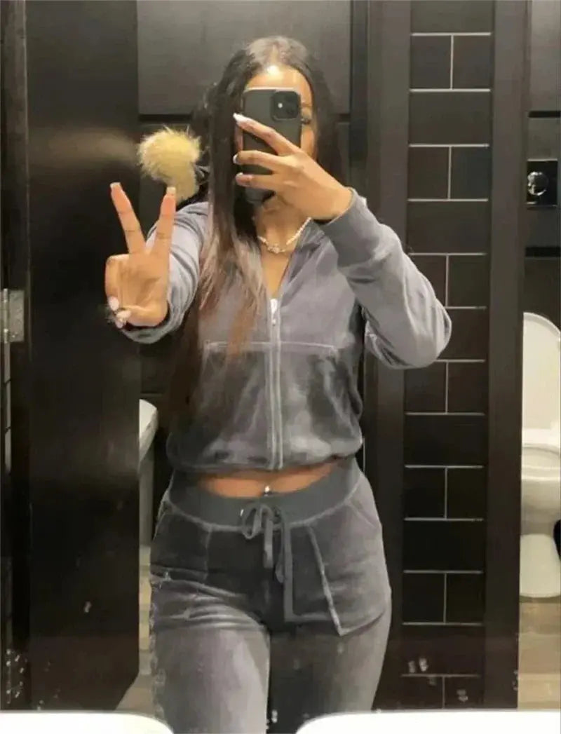 Jay Cee Velvet Crown Tracksuit – 2025 Spring Fall Women’s 2-Piece Set | Elegant Velour Sweatsuit with Royal Detailing Majesty Me