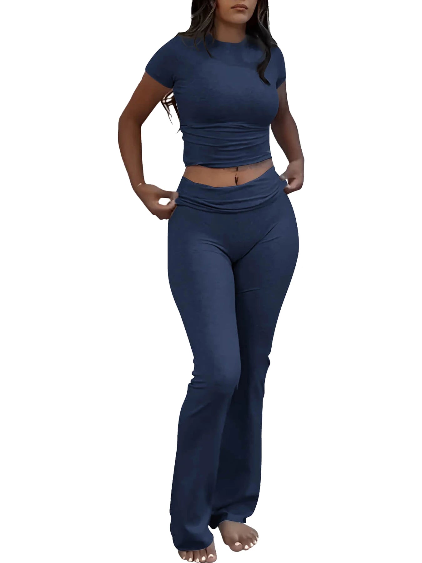 Casual Workout Two Piece Outfits for Women Short Sleeve Crop High Waist Foldover Flare Pants Tracksuit Sets Streetwear Majesty Me