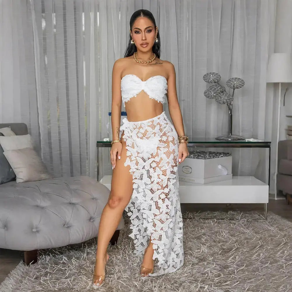 Summer Lace Three-Piece Set – Women’s Bikini Top, Sheer Skirt & Cover-Up | Elegant Neutral Beach Outfit Majesty Me Streetwear™
