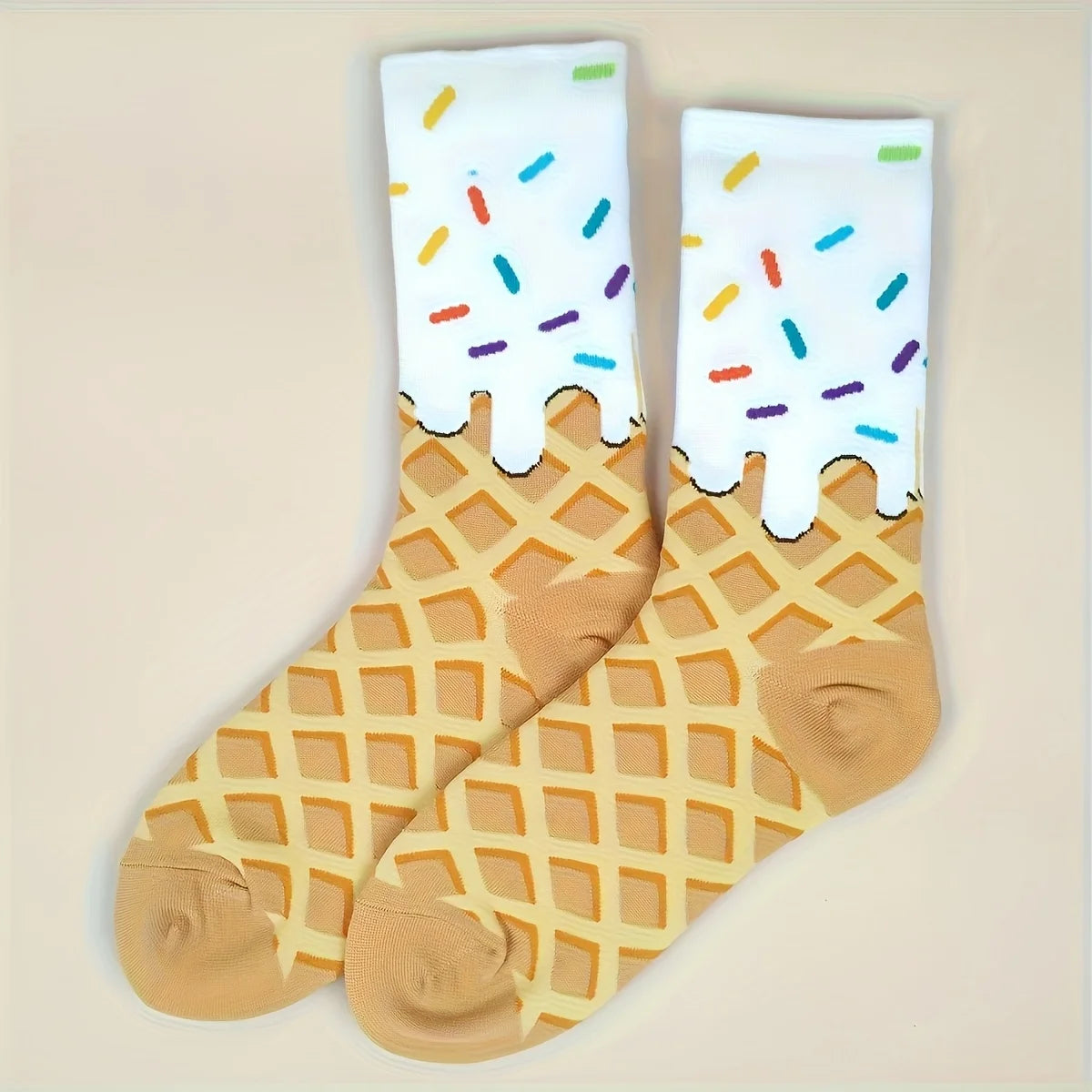 1 pair Waffle & Frosting Fun Mid-Calf Socks， Unisex Colorful Sprinkle Pattern Trendy Casual Socks Majesty Me