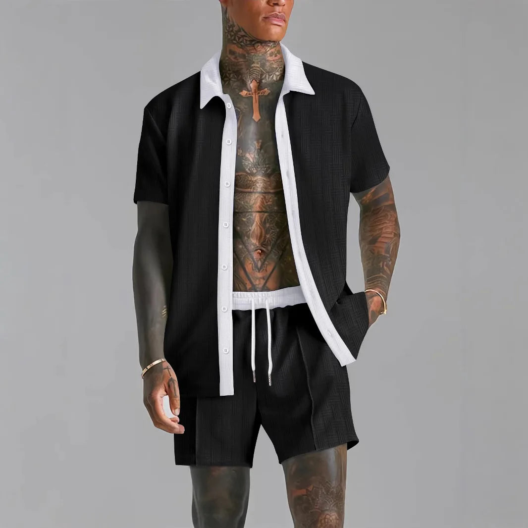 Summer Men's casual suit patchwork transparent lapel short-sleeved shirt & Shorts Stylish and comfortable two-piece streetwear Majesty Me