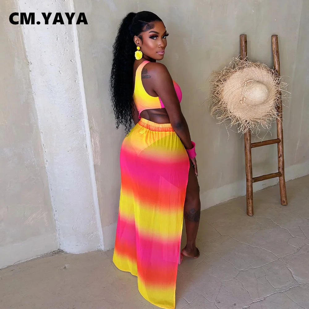 CM.YAYA Women Gradient Maxi Long Skirt Suit and Skew Collar Bodysuit Matching Two 2 Piece Set Outfit 2024 Summer Bikinis Set Majesty Me
