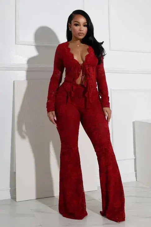 Luxe Illusion Lace Two-Piece Set – Sheer Long Sleeve Top & High-Waist Pants Majesty Me Streetwear™