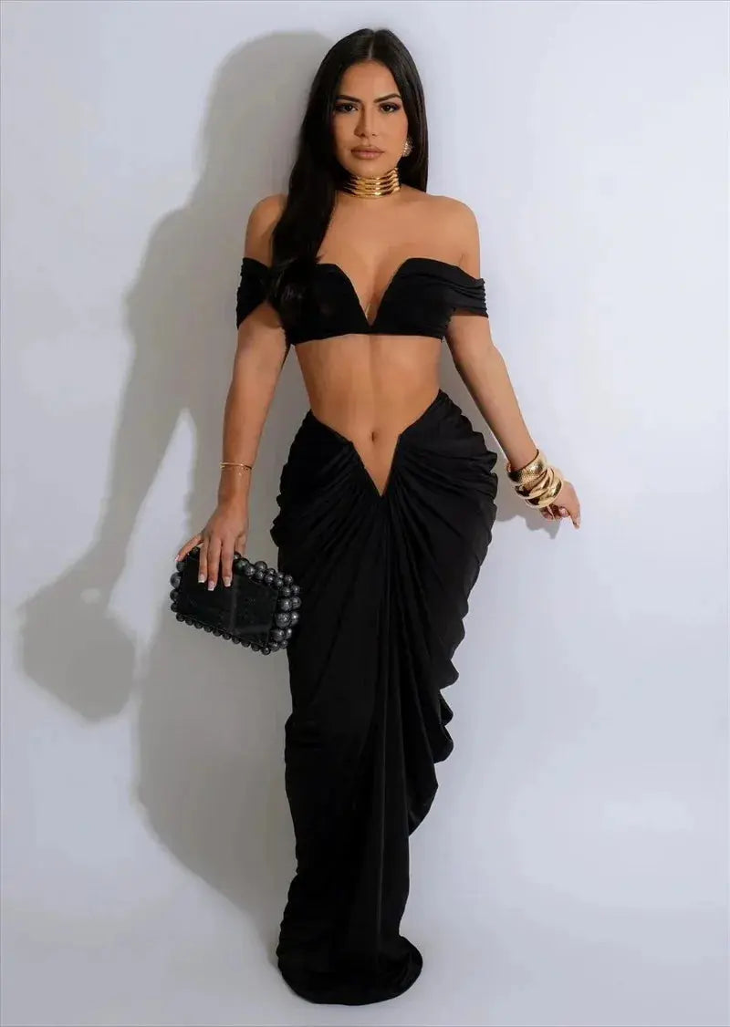 “Midnight Allure” Two-Piece Ruched Maxi Set – Off-Shoulder Crop Top & Long Skirt Party Outfit Majesty Me