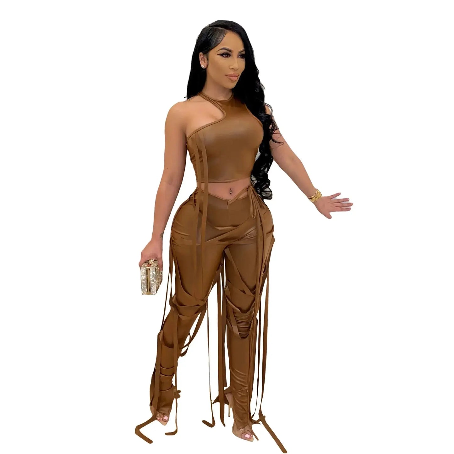 Majesty Me “Bad Intentions” Faux Leather Set – Lace-Up Crop Top & High-Slit Drawstring Pants Majesty Me Streetwear™