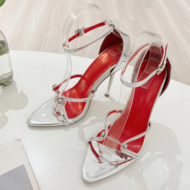 Liyke Sexy Gold Silver Ankle Cover Strap Sandals Women Shoes Fashion Metal Decoration Pointed Open Toe Party Club Stripper Heels Majesty Me