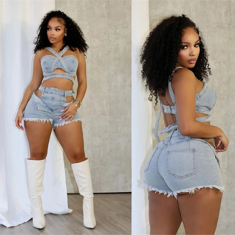 Sexy Jean Women Short Sets Straps Denim Crop Top and Cut Out Shorts Set 2025 Summer Clothes Streetwear Two 2 Piece Club Outfits Majesty Me