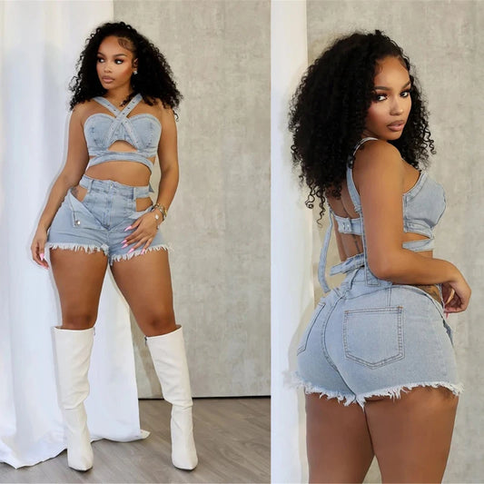 Sexy Jean Women Short Sets Straps Denim Crop Top and Cut Out Shorts Set 2025 Summer Clothes Streetwear Two 2 Piece Club Outfits Majesty Me