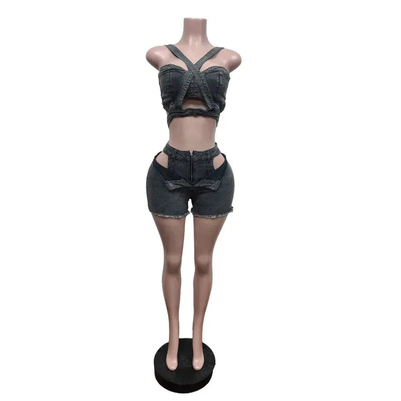 Denim Dream Two-Piece Set – Women’s Strap Vest Crop Top & Pocket Shorts | Sexy Streetwear Summer Outfit 2025 Majesty Me Streetwear™