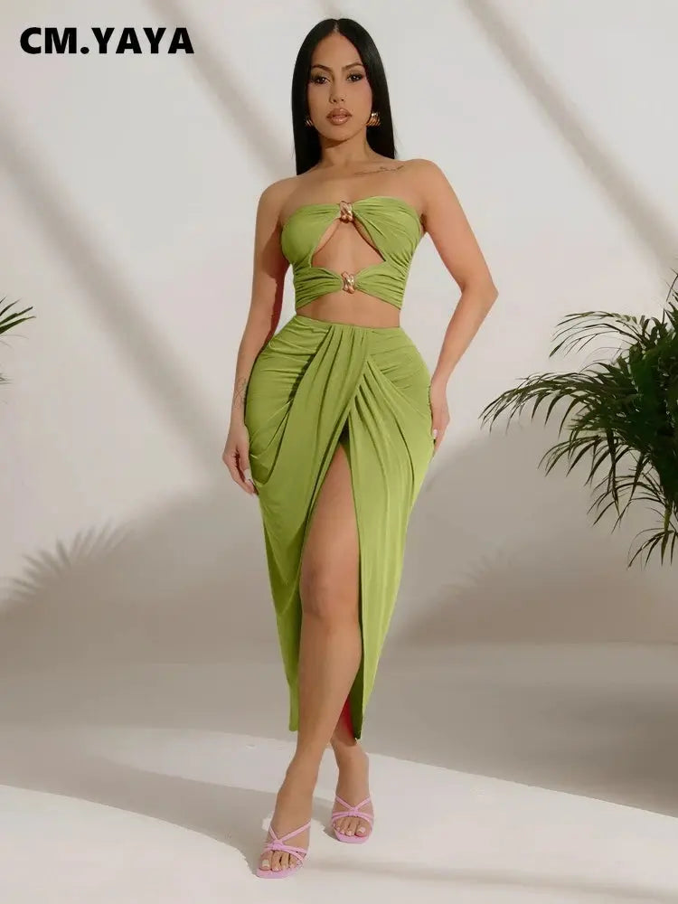 Sunset Siren” Strapless Mini Top + Split Maxi Skirt Set – Sexy Summer Party Outfit for Women Majesty Me Streetwear™