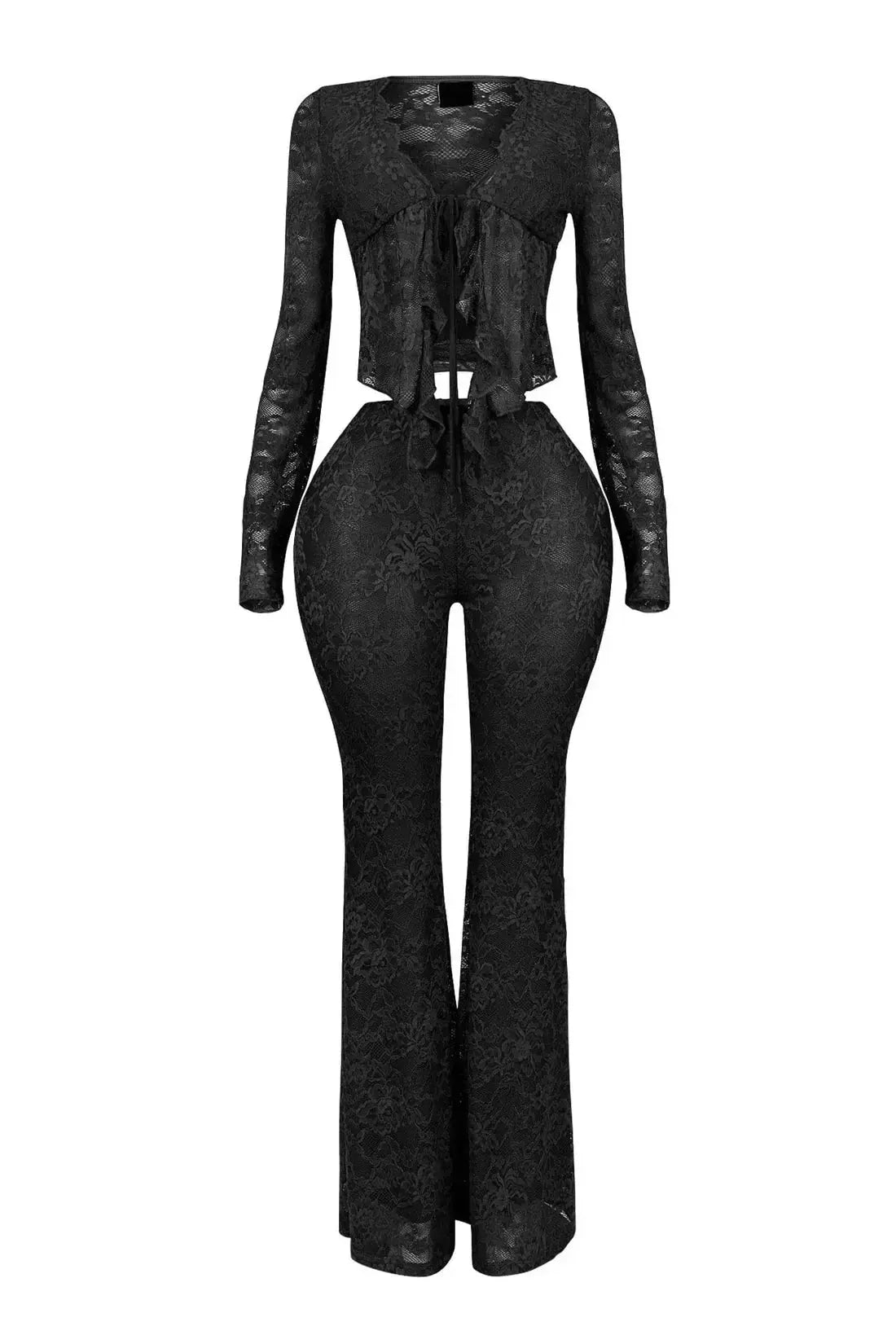 Luxe Illusion Lace Two-Piece Set – Sheer Long Sleeve Top & High-Waist Pants Majesty Me Streetwear™