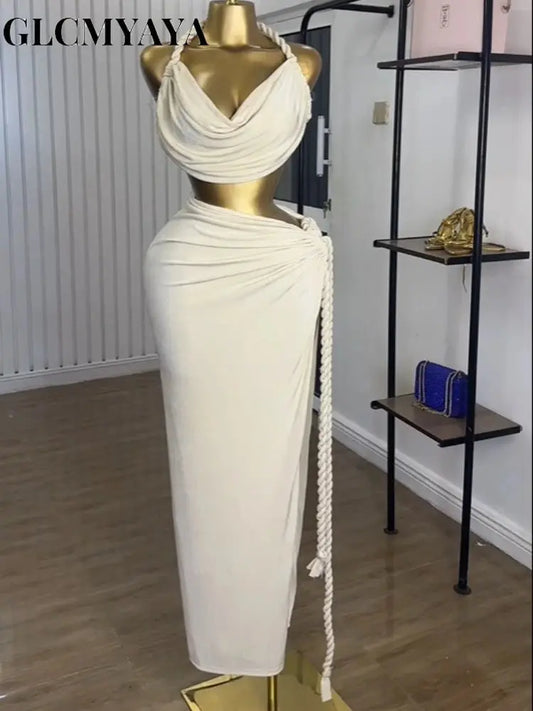 Golden Muse” Halter Neck Maxi Set – Crop Top + High-Split Skirt for Women Majesty Me Streetwear™