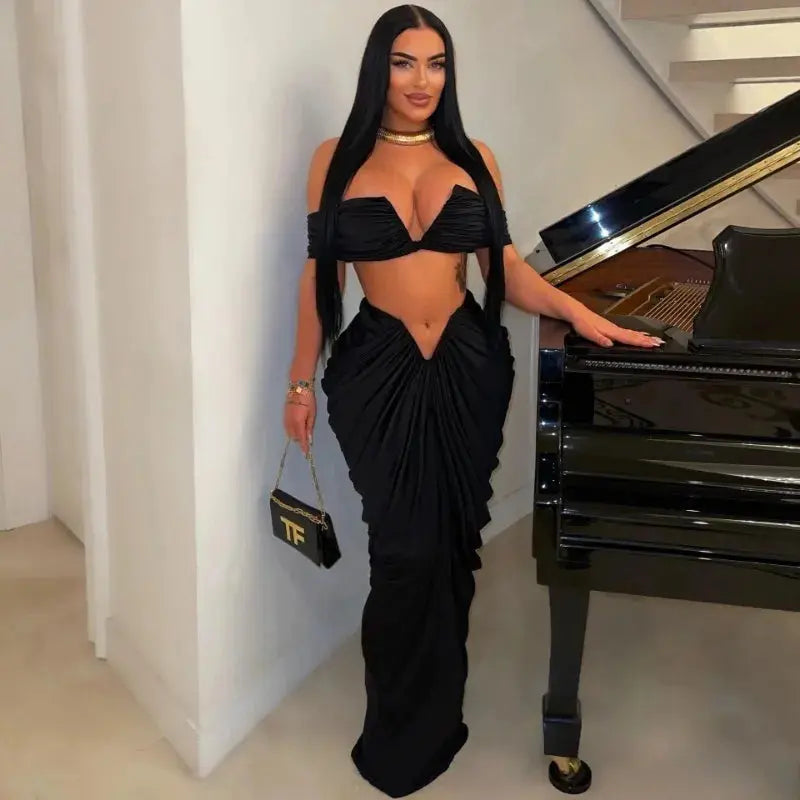 “Midnight Allure” Two-Piece Ruched Maxi Set – Off-Shoulder Crop Top & Long Skirt Party Outfit Majesty Me