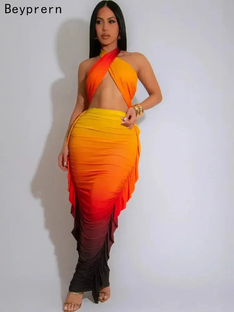 Tropical Goddess” Two-Piece Set – Halter Neck Crop Top & Tie-Dye Ruched Maxi Skirt Majesty Me Streetwear™