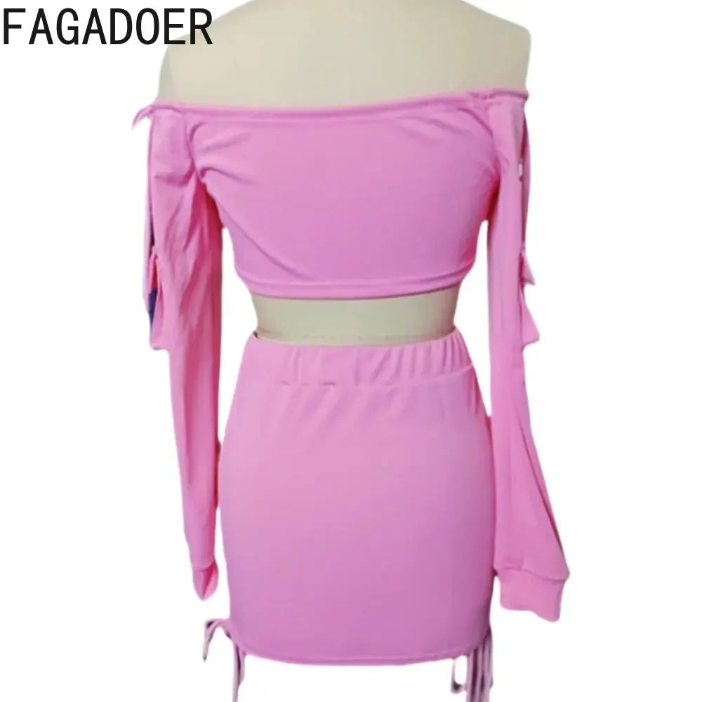 Y2K Pink Letter Print Two-Piece Set – Off-Shoulder Crop Top & Drawstring Pocket Skirt | Sexy Streetwear Matching Outfit Majesty Me Streetwear™