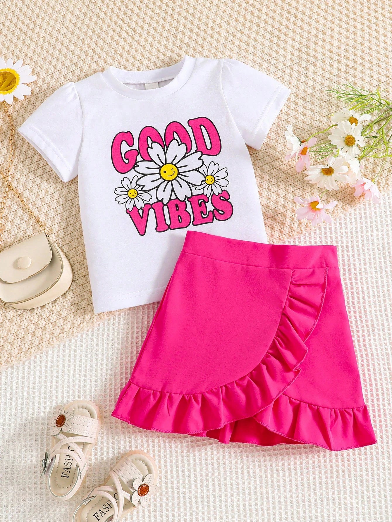 2-piece girls spring/summer fashion cute outdoor casual clothing white knit round neck Daisy print T-shirt + green pleated skirt Majesty Me