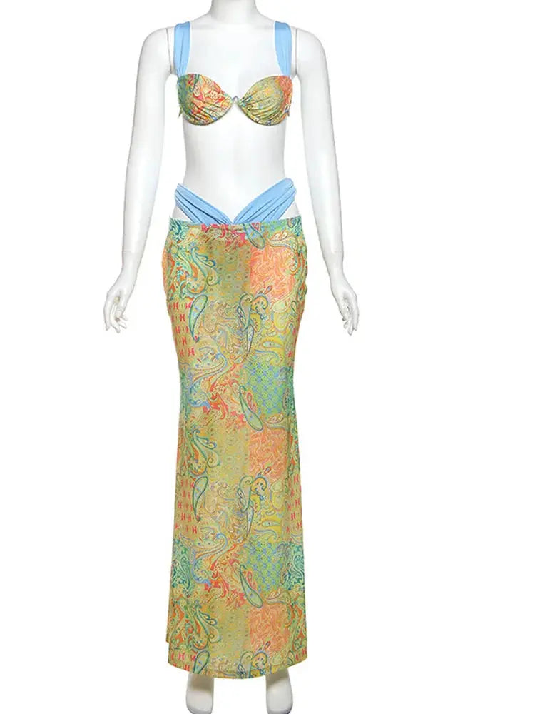 ropical Goddess Floral Two-Piece Set – Women’s Printed Bra Crop Top & Maxi Skirt | Summer Vacation Outfit Majesty Me Streetwear™