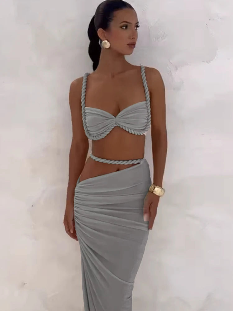 Weird Puss Bandage Ruched 2 Piece Set Women Square Collar Bra+Skinny Long Skirts 2025 Summer Vacation Beach Party Trend Suits Majesty Me