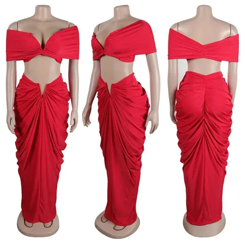 “Midnight Allure” Two-Piece Ruched Maxi Set – Off-Shoulder Crop Top & Long Skirt Party Outfit Majesty Me