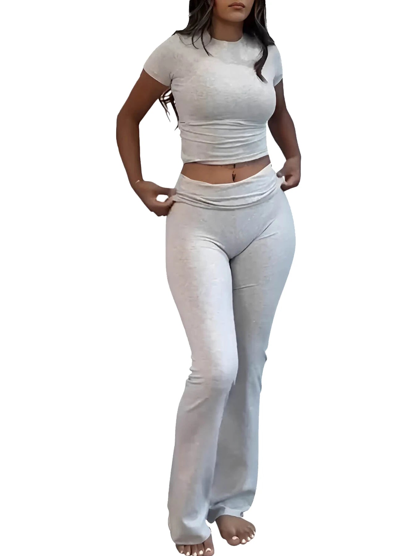 Casual Workout Two Piece Outfits for Women Short Sleeve Crop High Waist Foldover Flare Pants Tracksuit Sets Streetwear Majesty Me