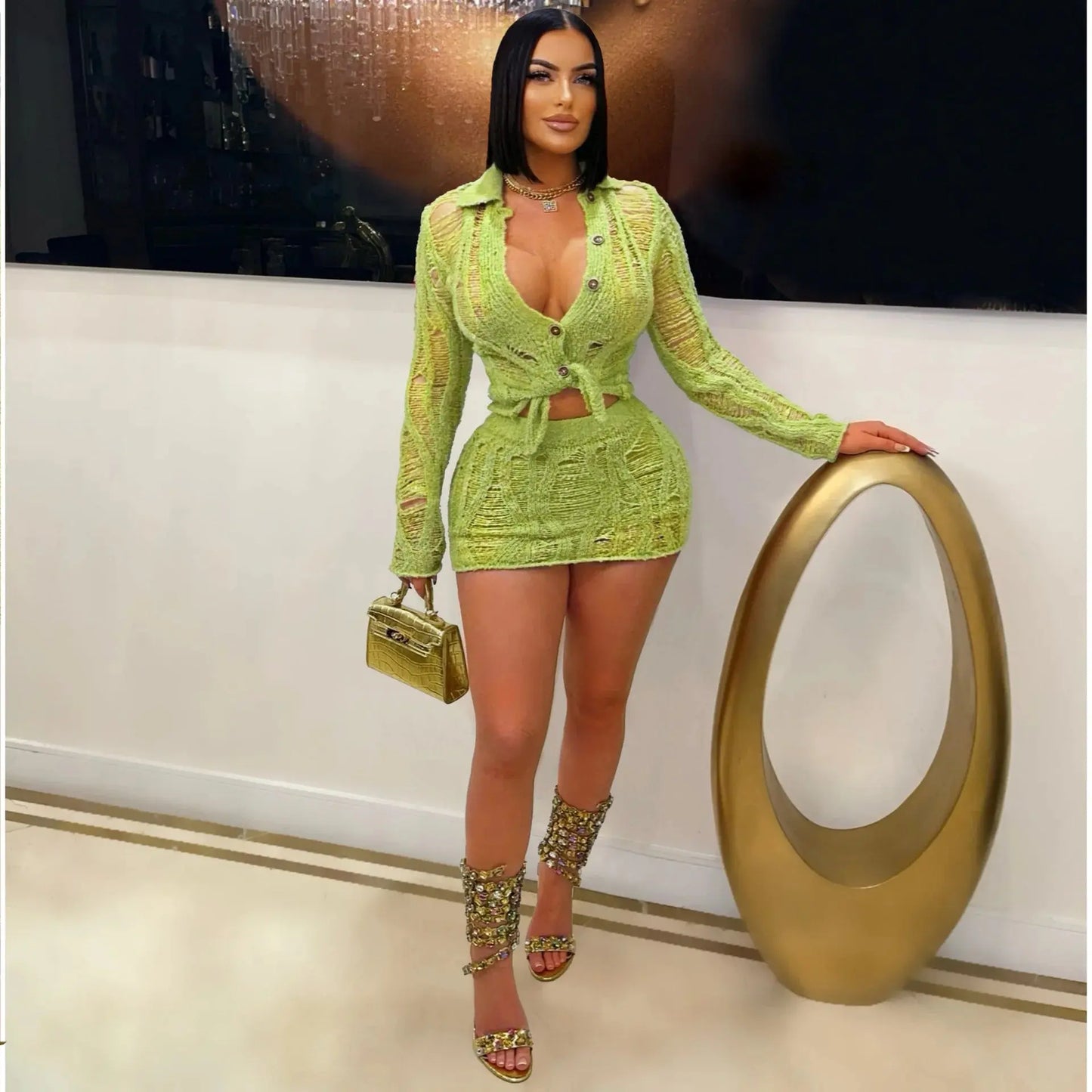 Golden Hour Knit” Two-Piece Set – Long Sleeve Cut-Out Top + Mini Skirt Outfit Majesty Me Streetwear™