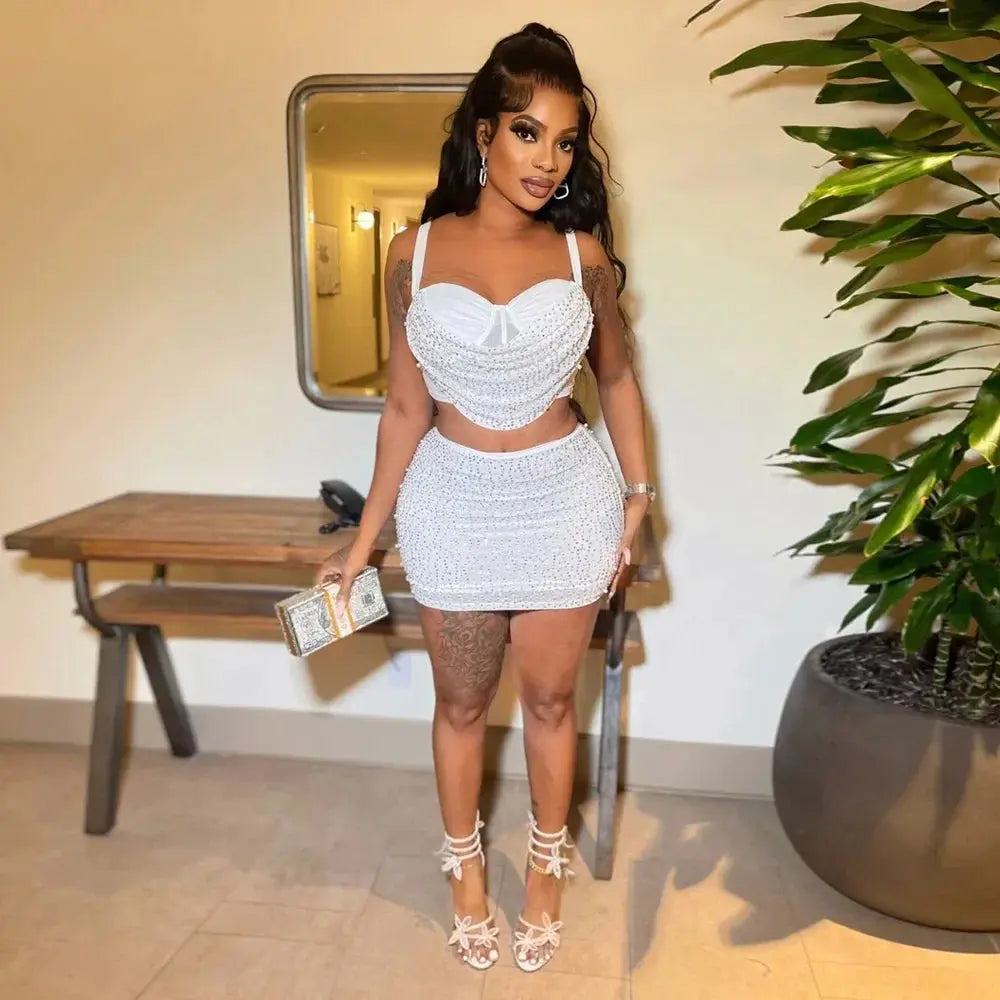 Diamond Dreams Rhinestone Two-Piece Set – Women’s Strap Crop Top & Mini Skirt | Sexy Party & Clubwear Outfit Majesty Me Streetwear™