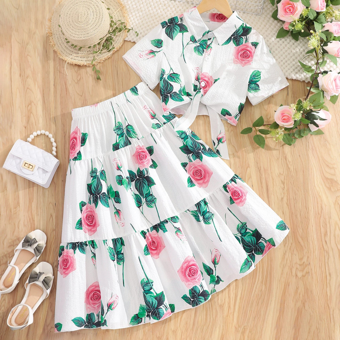 New Bohemian Set Girl Clothes 8-12 Yrs Summer Short Sleeve Floral Shirt + Skirt 2Pcs Big Children Beach Set White Girls Outfit Majesty Me