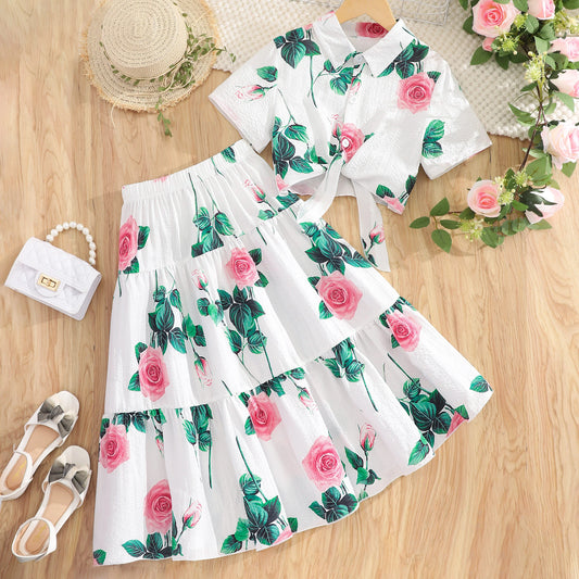 New Bohemian Set Girl Clothes 8-12 Yrs Summer Short Sleeve Floral Shirt + Skirt 2Pcs Big Children Beach Set White Girls Outfit Majesty Me