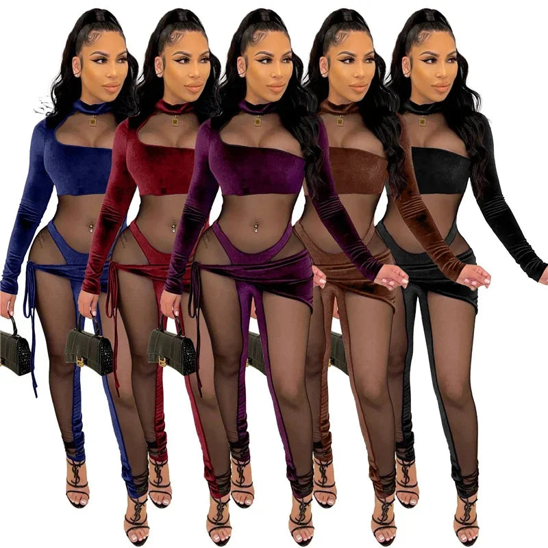 Sexy See-through Mesh Patchwork Velvet Jumpsuit Women Clubwear Long Sleeve Rompers Womens Jumpsuit Bodycon Overalls for Women Majesty Me