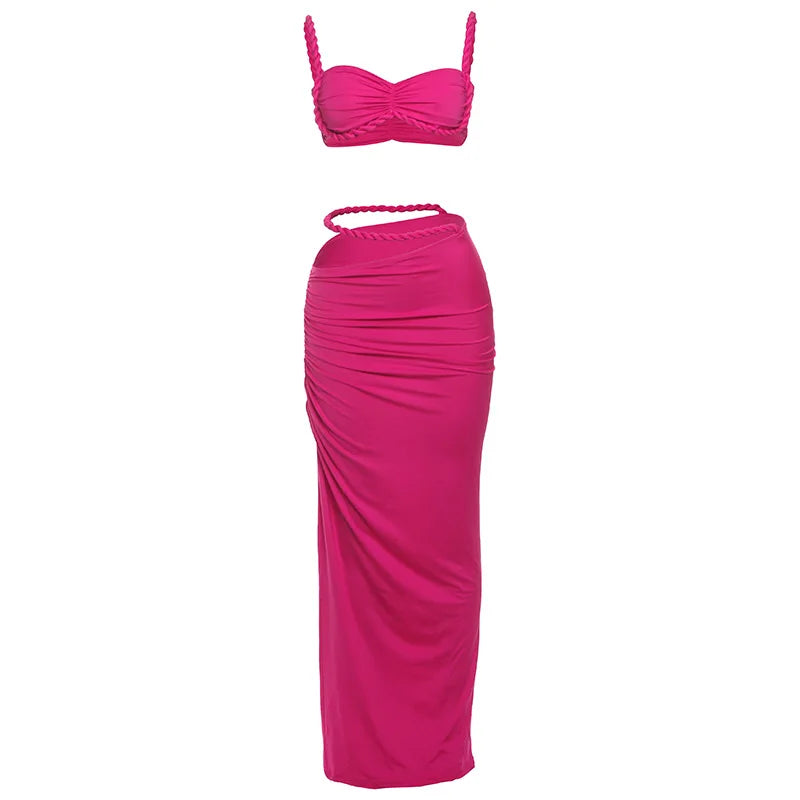 Weird Puss Bandage Ruched 2 Piece Set Women Square Collar Bra+Skinny Long Skirts 2025 Summer Vacation Beach Party Trend Suits Majesty Me