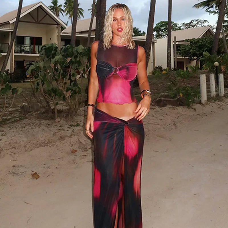 Bangniweigou Sleeveless tie-dye printed tanks gauze skirt holiday leisure set women's two-piece set summer beach suit Majesty Me