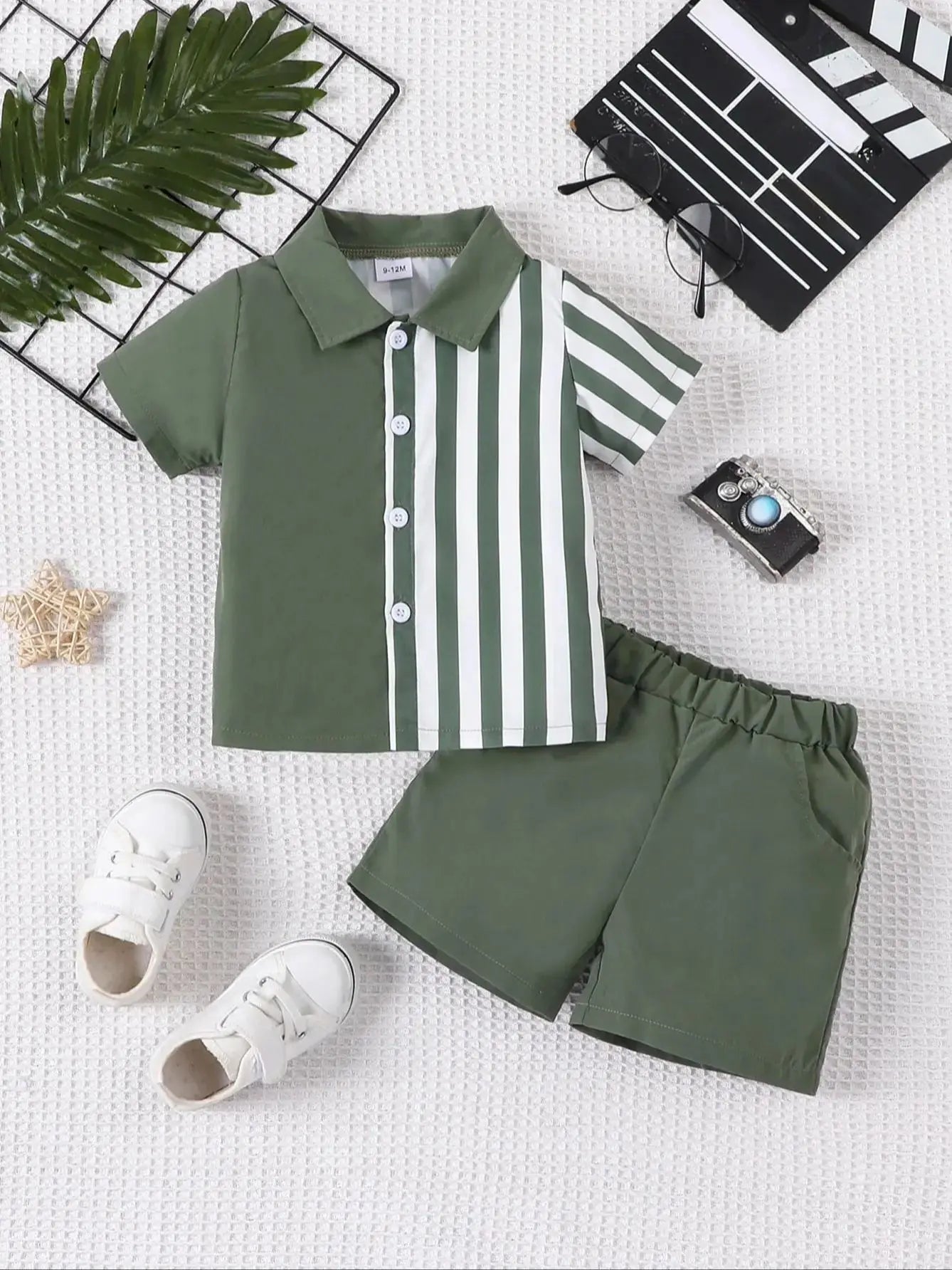 2-piece set of fashionable and casual solid color splicing short sleeved shirt top and shorts for baby boys, summer Majesty Me