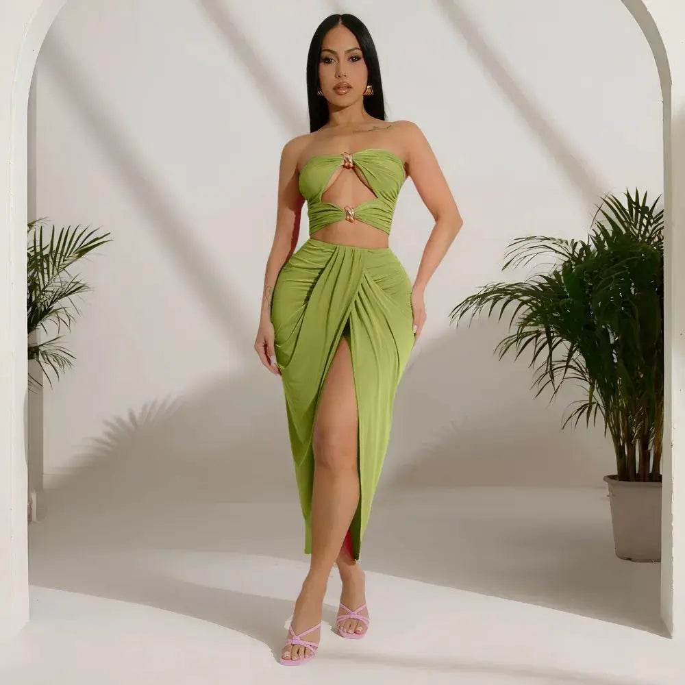 Sunset Siren” Strapless Mini Top + Split Maxi Skirt Set – Sexy Summer Party Outfit for Women Majesty Me Streetwear™